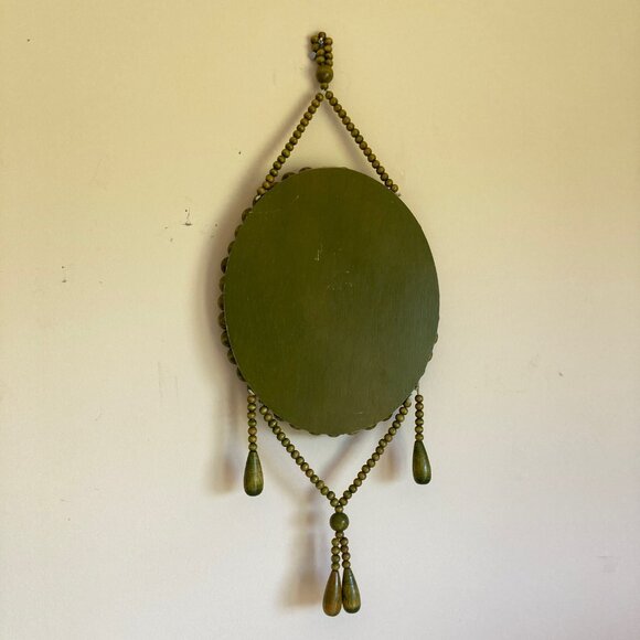 VTG Green Wooden Beads Tassels Frame Oval Mirror Boho Wall Hanging Cottagecore - Picture 8 of 17